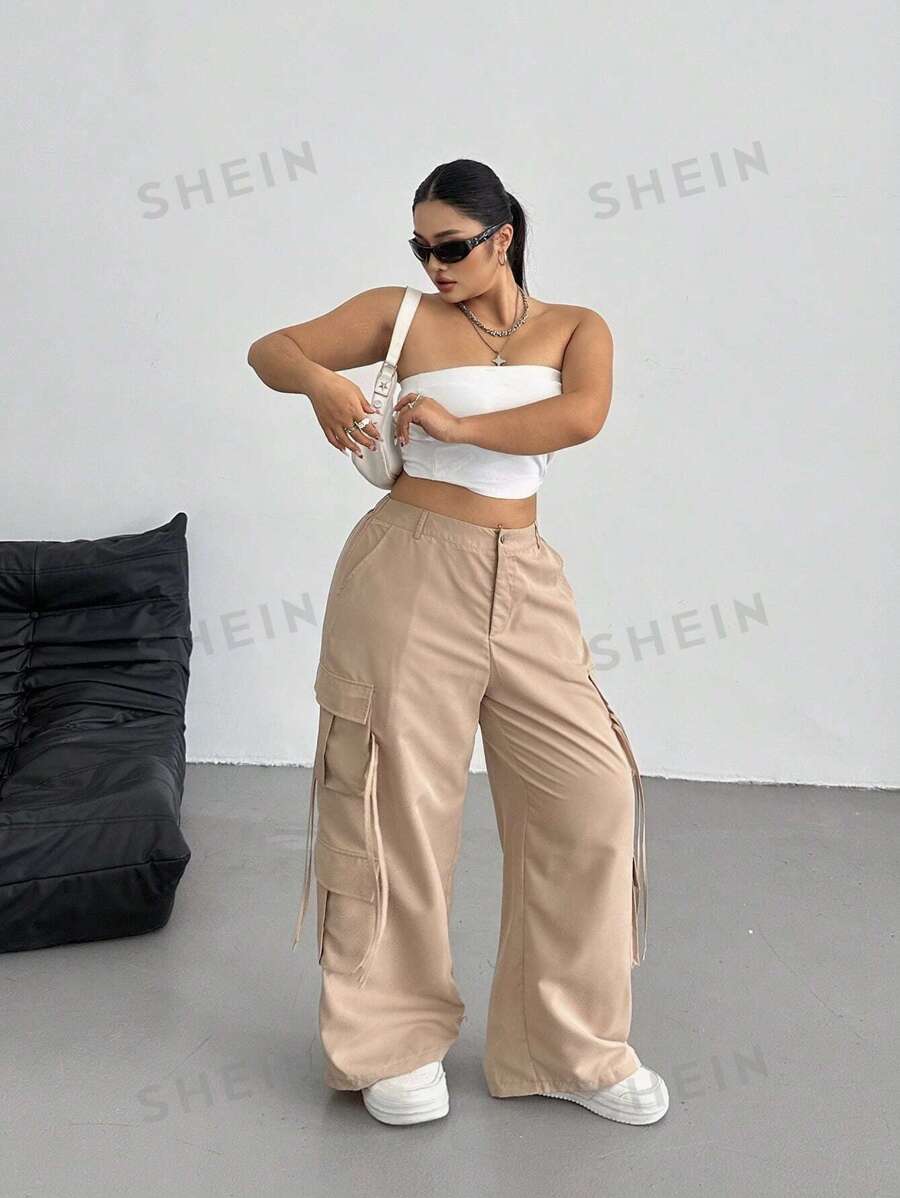 Flirla Pantalones cargo rectos informales con múltiples bolsillos para mujer de talla extra - Caqui - Ver 1