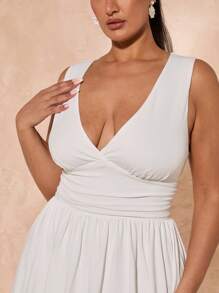 SHEIN BAE Vestido mini de manga larga con cuello en V profundo, volantes en las mangas y cintura, de talla grande, blanco, para uso diario, sexy, otoño e invierno, para boda, salida nocturna, San Valentín, cóctel, fiesta, cita con amigos, reunión familiar, vestido de novia, dama de honor, vestido casual, vestido de graduación blanco, vestido de invitada de boda