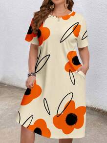 Mellowie Gaun Musim Panas Motif Bunga Blok Warna Ukuran Besar Gaya Boho Cocok untuk Pergi Keluar, Gaun Chic - Jeruk - View 2