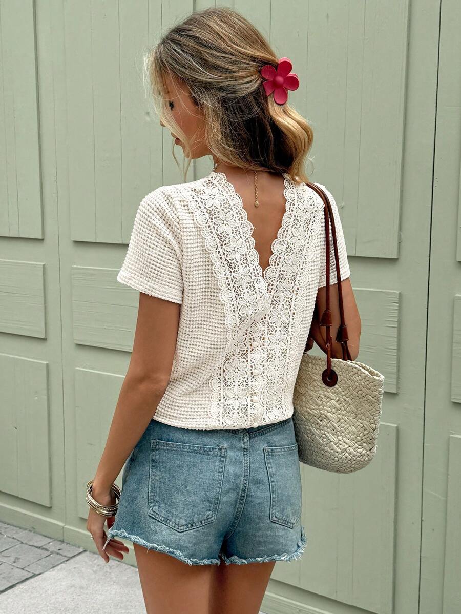 SHEIN Frenchy 女士 T 恤，宽松纯色纹理面料，露背蕾丝，后背纽扣 T 恤，女士夏季服装，适合日常穿着