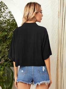 SHEIN LUNE Solid Color Casual Women's Short Shirt, Simple Solid Color Is Versatile And Suits Everyone, Classic Front Opening Design For Easy On And Off, Short Cut For A Tall And Neat Look, Suitable For Daily Commuting​ - Black - View 2