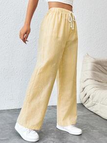 SHEIN PETITE Pantalones rectos de talle con cinturón de mujer a rayas