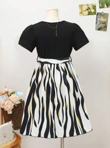 SHEIN Vestido de manga corta con lazo floral y cinturón acanalado en negro y dorado para niña preadolescente
