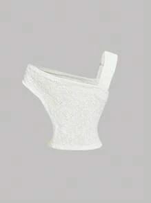 SHEIN MOD 女士杏色不对称肩部花朵刺绣时尚衬衫，音乐节，西部风女装，可爱夏季上衣 - 杏色 - 查看 2