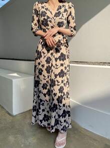 DAZY V领优雅碎花连衣裙，女士优雅吊带长裙 - 米色 - 查看 7