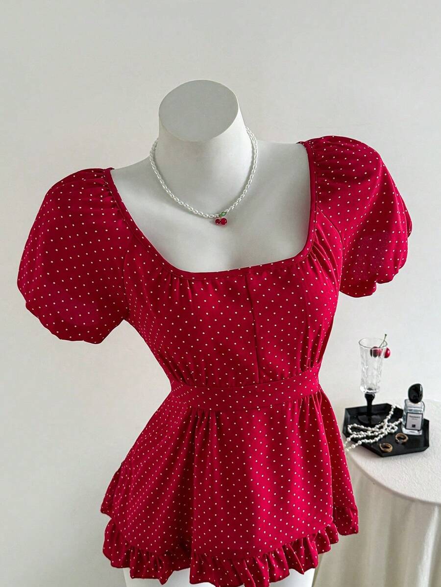 Elamini Áo cánh nữ cổ vuông tay bồng ngắn in họa tiết chấm bi viền bèo nhún - Đỏ - Xem 1