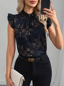 SHEIN Clasi Women Elegant Ruched Ruffled Collar Gold Foil Floral Print Cap Sleeve Fitted Blouse - Navy Blue - View 1