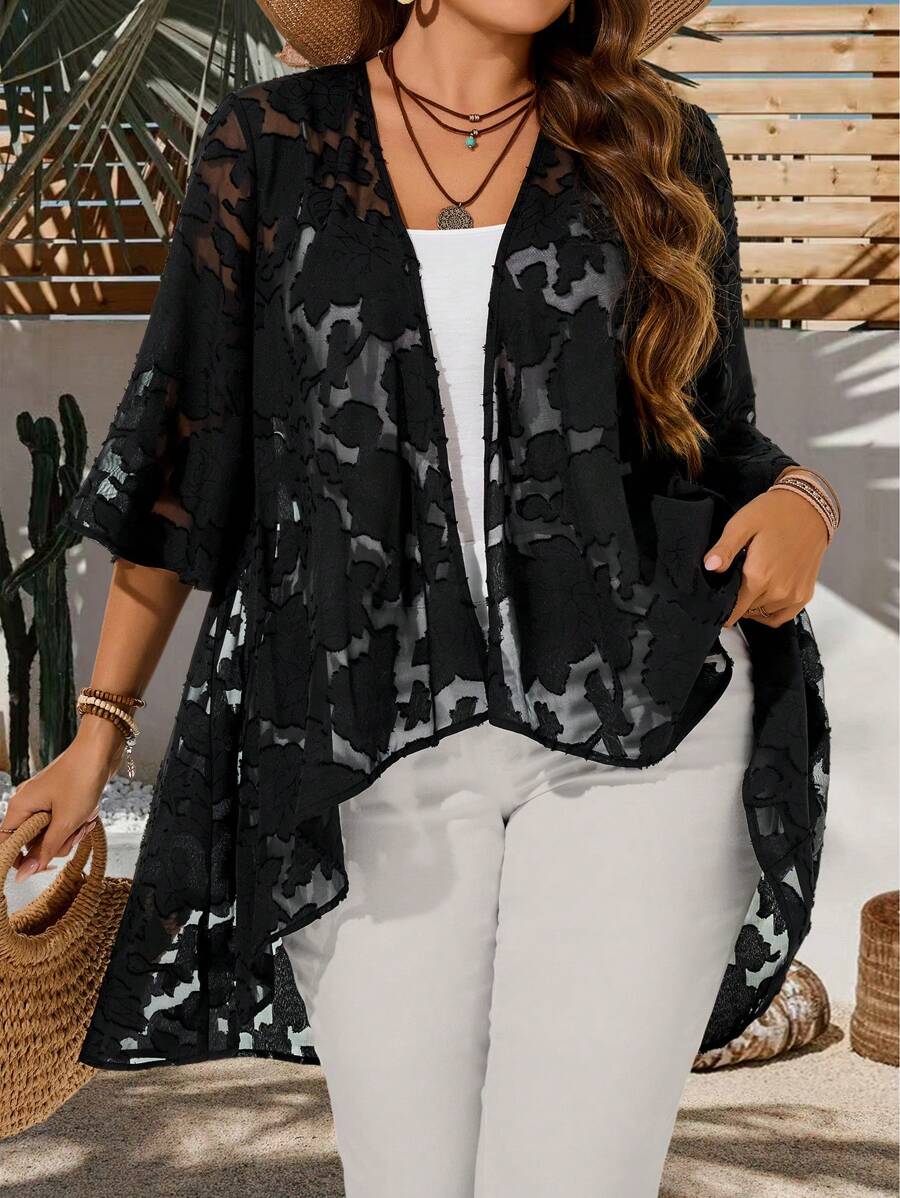 EMERY ROSE 加大码纯色透明不对称下摆优雅外套，适合女性夏季、狂欢、复活节曲线、秋冬乡村音乐会 - 黑色 - 查看 1