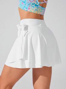 CourtClass Women's Summer Solid Color Bowknot Decor Pocket Design Sport Mini Skirt - White - View 4