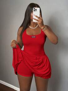 Slaydiva New Spring And Summer Casual Simple Basic U-Neck Racer Vest With Black Label And White Words Pleated Skirt Including Shorts And Culottes White Knitted Fabric Women's Mini Dress-A,Summer Dresses For Women - Red - View 7