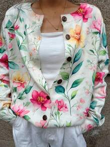 SHEIN LUNE 全新女式纽扣印花花卉和树叶图案薄款圆领长袖休闲开衫 - 米色 - 查看 4