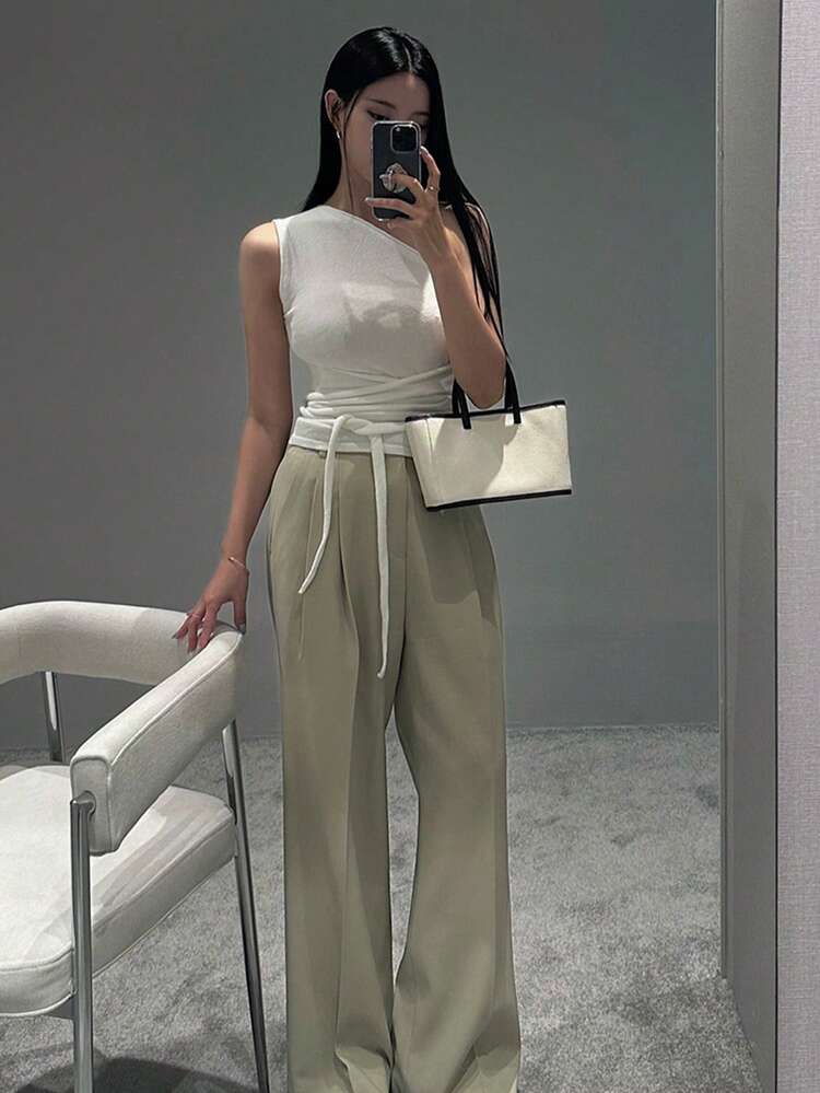 Women's Off Shoulder Skinny Lace Up Sleeveless Knit Top