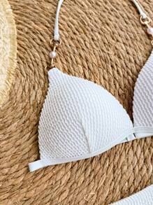 SHEIN Teen Girls' Textured Knitted Halter Necklace Design Swimsuit Set, Vacation Casual Beachwear