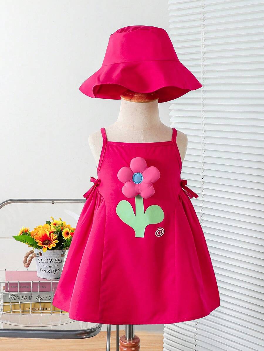 Baby Girl Cute Flower Pattern 3D Decorative Sleeveless Dress, Girl Custom 3D Cut Design Dress, Suitable For Summer Garden, Casual Outdoor - Hot Pink - View 1
