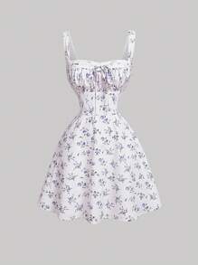 SHEIN MOD 女士方领荷叶边前系带碎花连衣裙 - 彩色 - 查看 2