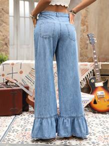 SHEIN Tall High Waist Ruffled Hem Washed Wide Leg Jeans
