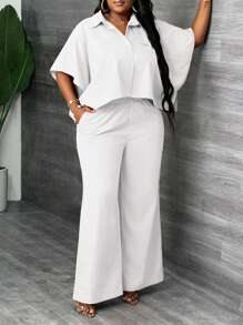 Slaydiva 2 件套大码女式纯色衬衫和裤子，优雅、日常和通勤 - 白色 - 查看 1