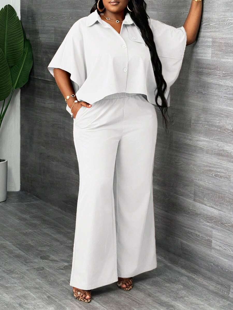 Slaydiva 2 件套大码女式纯色衬衫和裤子，优雅、日常和通勤 - 白色 - 查看 1