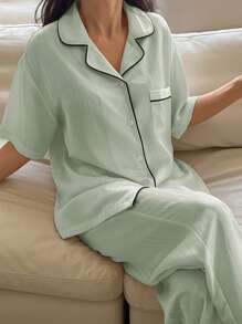 DAZY Minimalist Striped Jacquard Satin Contrast Color Decor Short Sleeve Women Sleepwear Set