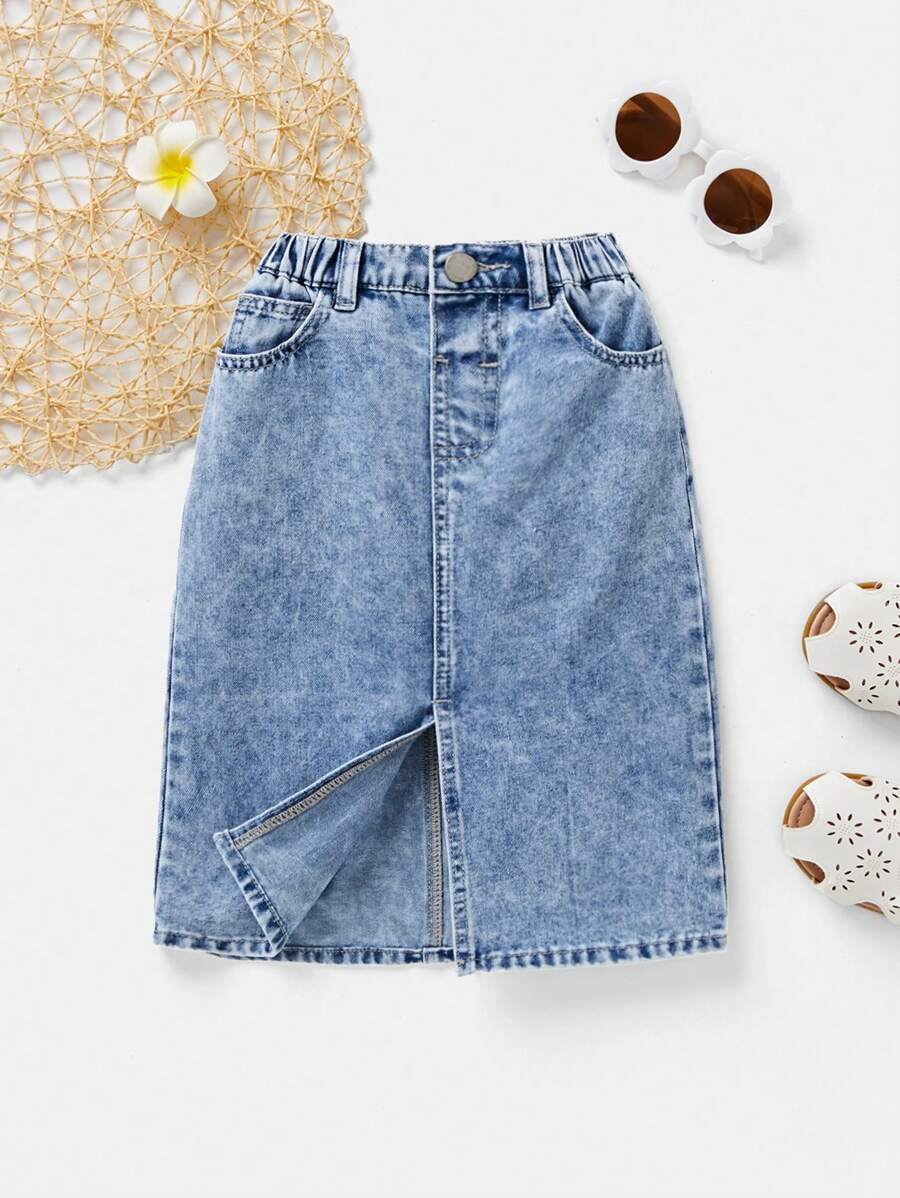 SHEIN Young Girl' Casual Basic Blue Denim Skirt, Spring And Summer Boho Skirt - Light Wash - View 1