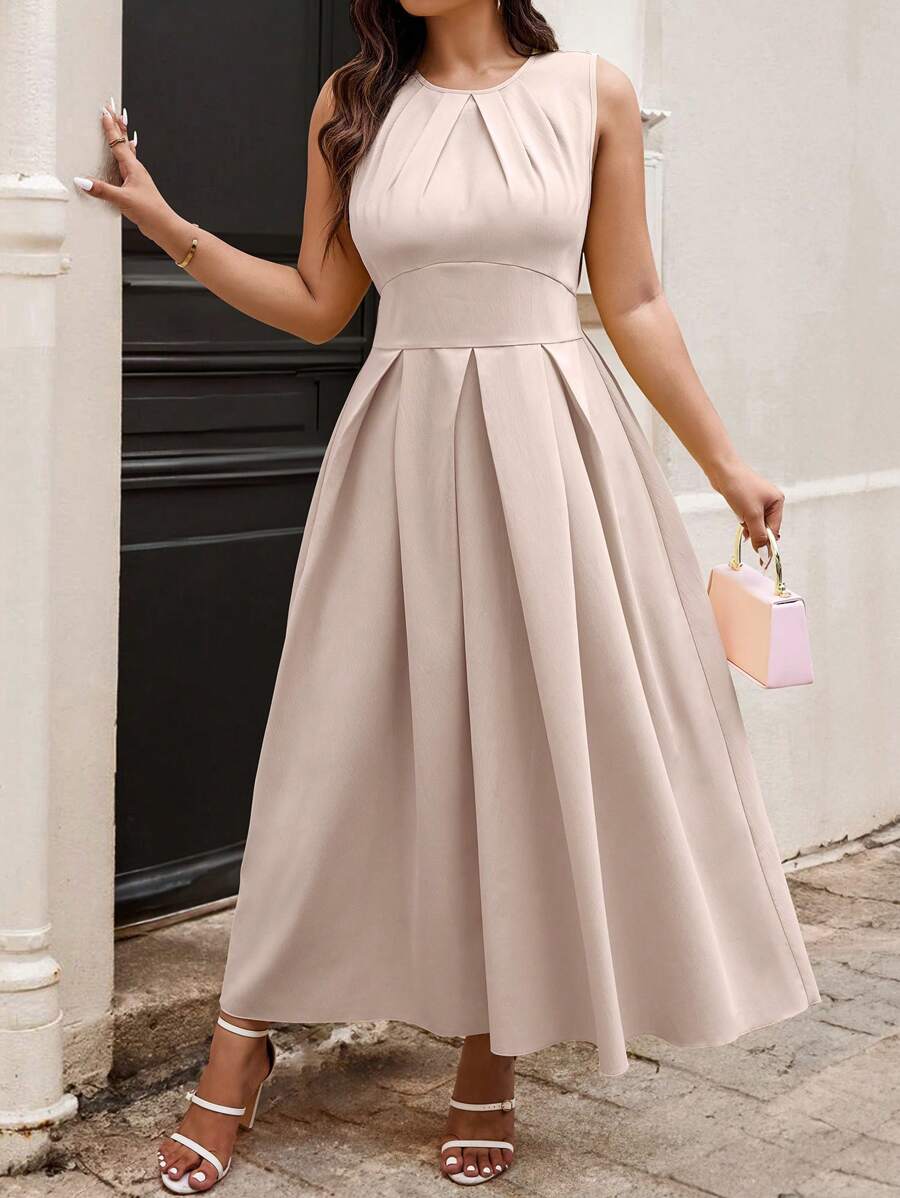 Cravure Vestido maxi casual de verano con cuello redondo y plisado en unicolor para mujer de talla grande - Rosa - Ver 1