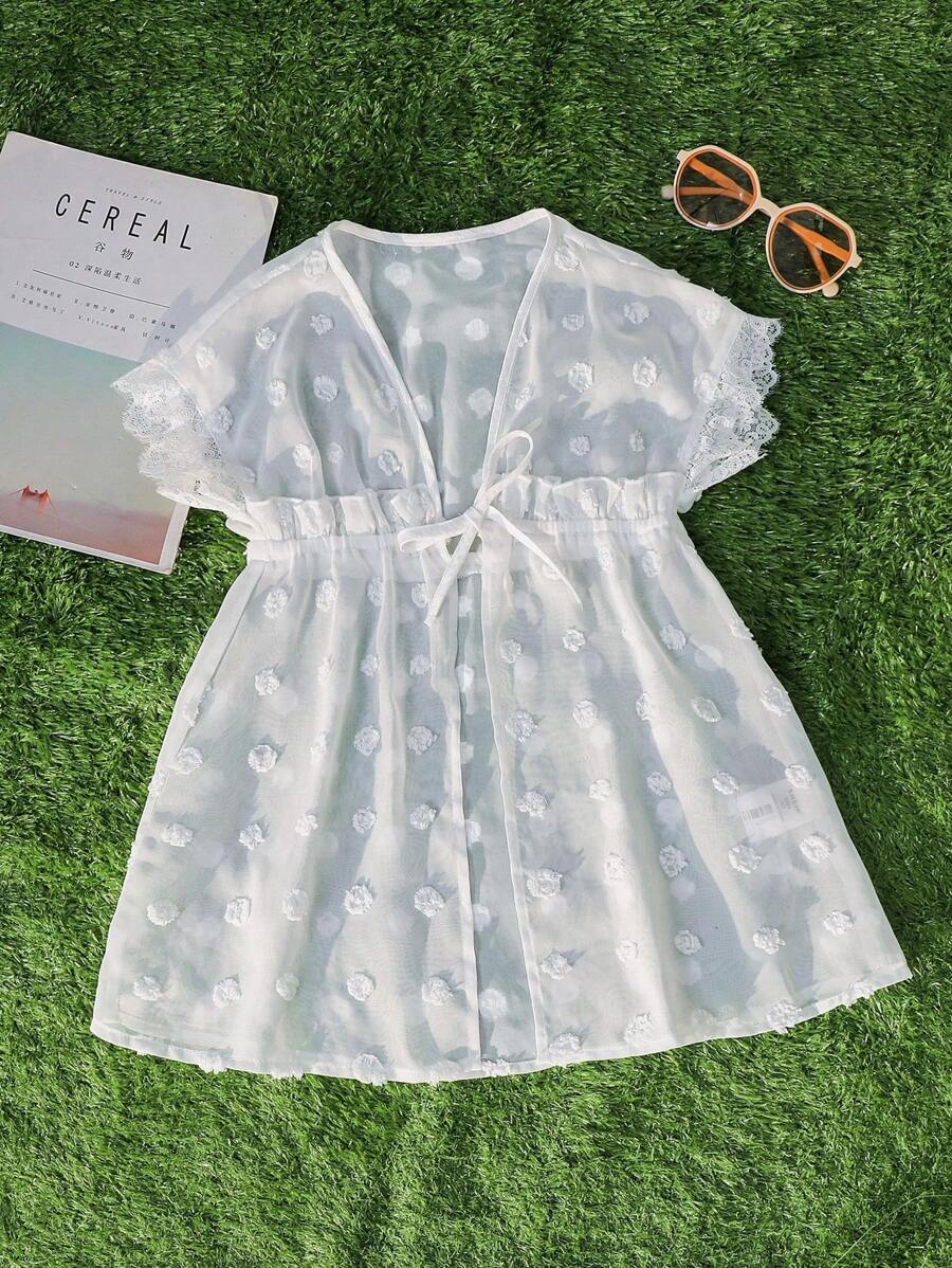 SHEIN Young Girl Woven Plain Fabric Collared Ruffles Cover Up - White - View 1