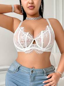 Plus Size Vintage Full-Cup Sexy Lingerie Bra With Steel Rings, Romantic French Lace Patchwork, Everyday Wear, Lift - White - View 3