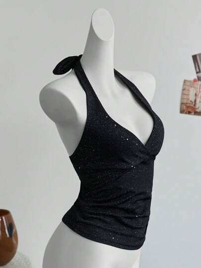 Elamini Fashionable Glittery Criss Cross Back Halter Neck Crop Top