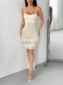 Women's Solid Color Hollow Fishtail Hem Fitted Sleeveless Sweater Dress - White - View 5