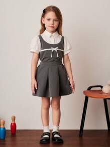 PrepCrw Conjunto de camisa y minifalda de parchwork gris y blanco para niñas, primavera/verano