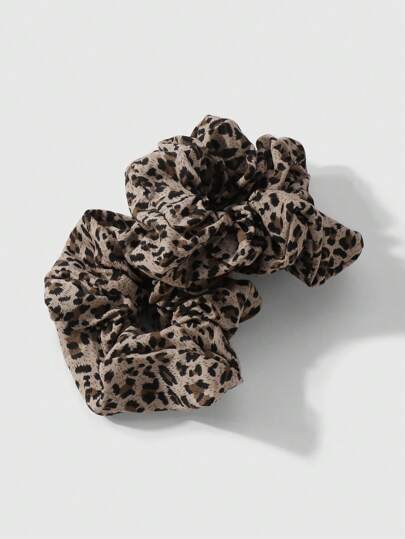 Kawaii 2pcs Vintage Chic Sophisticated Versatile Charming Highly Attractive Brown Leopard Print Hair Scrunchies Set, Suitable For Women & Girls Daily Wear, Holiday Gift Hair Ties Ponytail Holders Hair Elastics Hair Rope