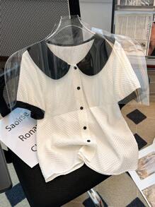 Franclia Contrast Color Block Peter Pan Collar Casual Commuter Minimalist Style Women's Shirt, Spring/Summer - White - View 6