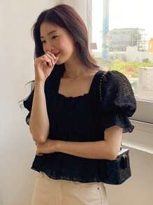 DAZY 女款純色泡泡袖短袖夏季方領荷葉邊下擺襯衫 - 黑色 - 查看 3