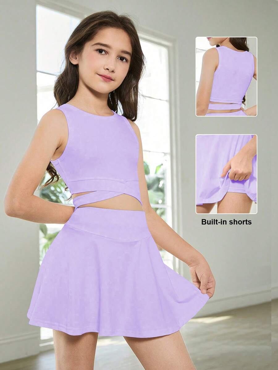 SHEIN Tween 女童白色纯色休闲舒适百搭服装，时尚学院风适合春夏季运动、跑步、户外活动，优雅高腰设计凸显身材，适合青春期前儿童
