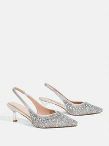 CUCCOO TILAWA Silver Toe Open Pointed-Toe Rhinestone Satin Wedding Heels For Women For Christmas - Silver - View 6