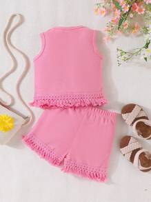 SHEIN Playful Pals 女婴夏季新款套装纯色 3D 花卉无袖上衣 + 短裤 - 玫紅色 - 查看 2