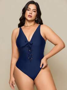 SHEIN Swim Plus Size Women's Minimalist Daily Beach Front Tie Decor Adjustable Strap One-Piece Swimsuit, Summer - Navy Blue - View 4