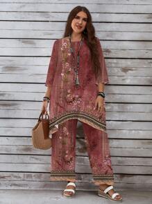 EMERY ROSE 2pcs Plus Size Casual Retro Printed Set, Suitable For Spring And Autumn - Multicolor - View 5