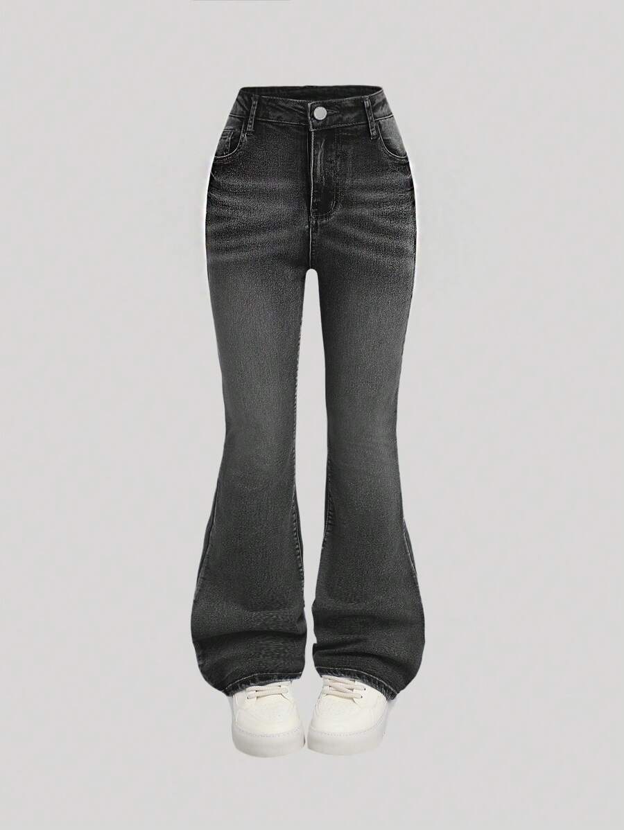 SHEIN Girlism 少女Y2K水洗高腰猫须水洗喇叭牛仔裤，返校街头风 - 黑色 - 查看 1