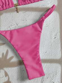 Swim Chiccia 女士夏季纯色金属吊坠泳衣套装带吊带性感丁字裤比基尼 - 玫紅色 - 查看 5