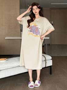 DAZY Cartoon Print Loose Fit Short Sleeve Women's Pajamas Dress - Apricot - View 3