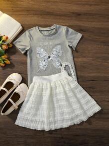 2pcs/Set Girls Casual Fashionable Butterfly Sequin Decor Short Sleeve T-Shirt Top And Ruffle Hem Cake Skirt, Summer