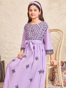 Tween Girl Casual Printed Long Dress - Mauve Purple - View 3