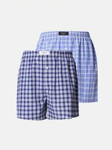 SUMWON Comfortable Woven Boxer Shorts Pack Of 2 Breathable Sleepwear Classic Elastic Waistband Relaxed Fit Summer Spring Underwear - Blue - View 1