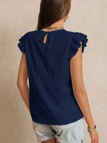 Poéselle Summer Vacation Wedding Season, Excellent Ruffle Trim Solid Color Blouse, Cute Top, Elegant , Boho Chic, Casual Style, Essential, - Navy Blue - View 6