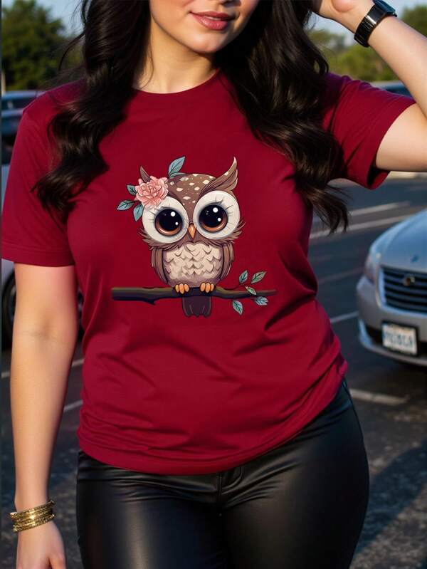INAWLY Plus Size Owl Print Short Sleeve T-Shirt Graphic Tees Women Tops