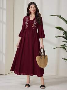 Al Najma Casual Embroidered Dress For Women, Women Black Long Dress - Burgundy - View 3