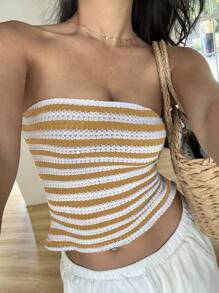 Sunnyshic 女士春夏休闲百搭针织条纹露背吊带背心 - 黃色 - 查看 6