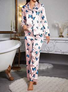 SHEIN Silk-Like Butterfly Print Lapel Long Sleeve Pajama Set - Baby Pink - View 6