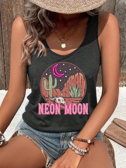 Comfortable Colorful Neon Moon Shirt, Desert Moon T-Shirt, Desert Cactus T-Shirt, Country Music Shirt, Summer T-Shirt, Western Skull Shirt, Desert T-Shirt Tank Top For Women